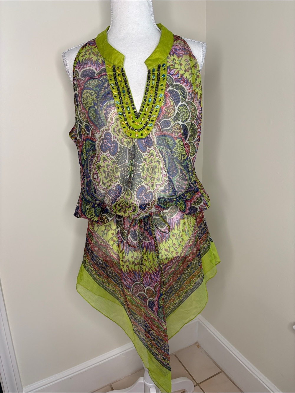 La Moda Hindu Beaded V-Neck Sheer Hankerchief Hem Paisley Dress - XL